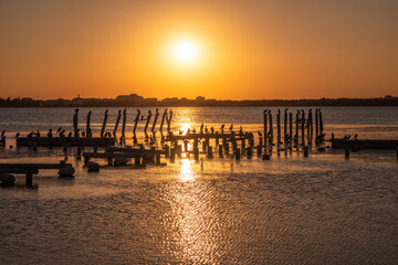 Beautiful red and orange sunset over the sea. The sun goes down over the sea. A flock of cormorants sits on a old sea pier in orange sunset light