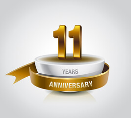 11 years golden anniversary logo celebration with ring and ribbon.