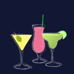  sketch of cocktails with fruits on dark blue background  