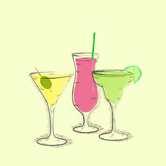  sketch of cocktails with fruits on beige background 