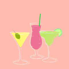  sketch of cocktails with fruits on pink background 