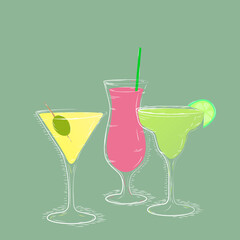  sketch of cocktails with fruits for menu