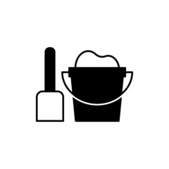 Sand beach bucket and shovel icon in solid black flat shape glyph icon, isolated on white background 