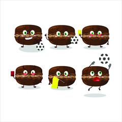 Chocolate macaron cartoon character working as a Football referee. Vector illustration