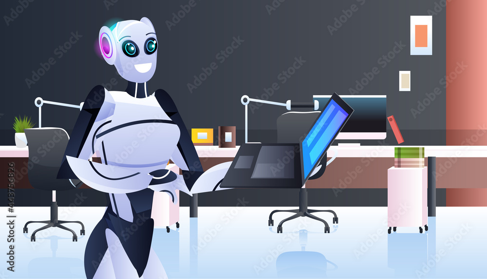 Poster modern robot using laptop robotic character working in office artificial intelligence technology con