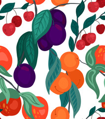 Seamless flat texture with cherries, peaches, plums on branches with foliage on white background. Cartoon pattern with berries. Drawn wallpaper with fruits and bushes. Vector natural gardening fabric