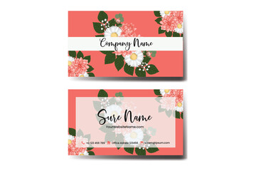 Business Card Template Orange Dahlia Flower .Double-sided Blue Colors. Flat Design Vector Illustration. Stationery Design