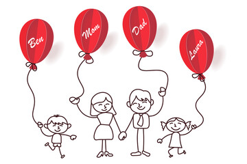 Happy family holding red balloons with their names