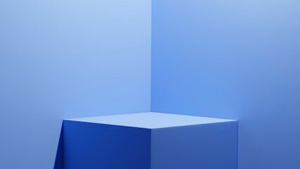 Blue background, square podium. 3D render.