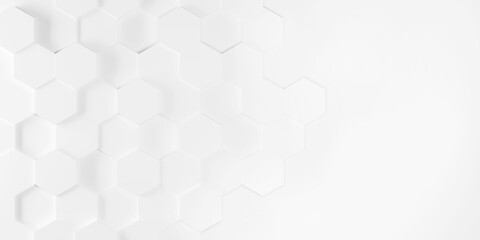 White geometric hexagons background with copy space. 3d illustration. - 443757833