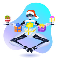 modern robot holding wrapped gift boxes birthday or holiday celebration artificial intelligence concept