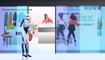 salesman robot showing clothes in fashion boutique artificial intelligence technology concept