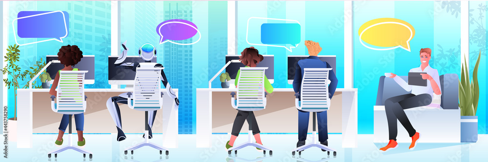Poster businesspeople and robot working on computers chat bubble communication artificial intelligence team
