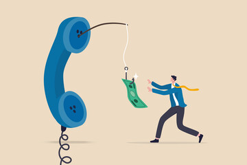 Phone scam, telephone call lying about fake investment, fraud to steal money from victim, financial crime concept, greedy man chasing easy money bait from thief phone call lying for paying scams.