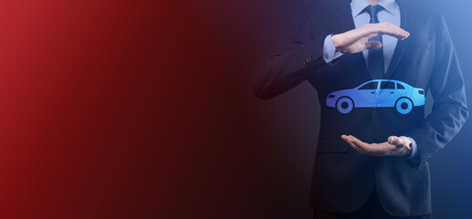 Digital composite of Man holding car icon.Car automobile insurance and car services concept....