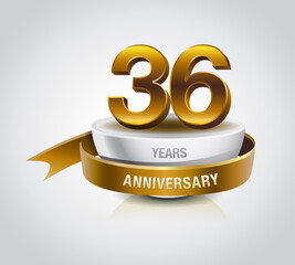 36 years golden anniversary logo celebration with ring and ribbon.