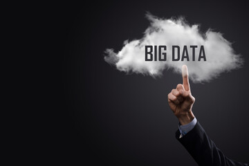 Hand showing a cloud with the words big data on dark background.