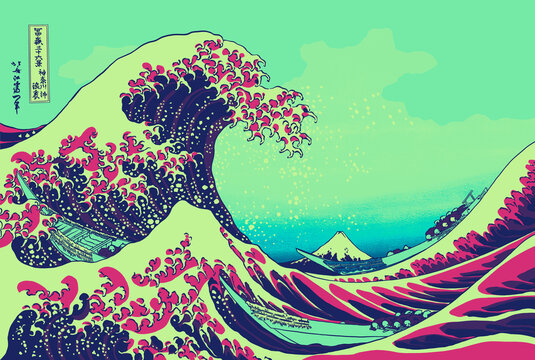 The Great Wave off Kanagava. Artwork by Hokusai. Painting restoration in IPG format.  Creative recoloring. Good quality and high resolution image illustration. Print. Traditional Japan art. 600 dpi.