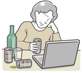 Fototapeta na wymiar ノートPCを見ている、アルコール依存症の中年女性