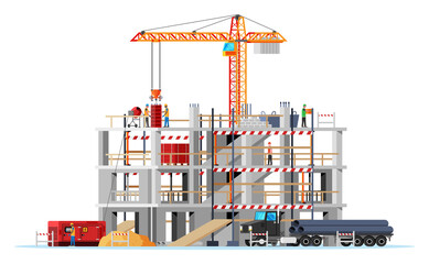 Construction Site Banner. Truck car, Workers, Concrete Piles, Tower Crane. Under Construction Design Background. Building Materials and Equipment. Cartoon Flat Vector Illustration