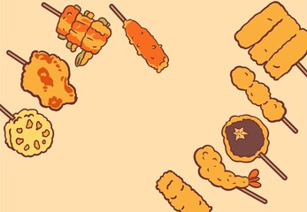 串揚げいろいろイラスト斜め上下フレーム壁紙・アイボリー