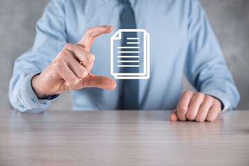 Hand holding a document icon in his hand Document Management Data System Business Internet Technology Concept. Corporate data management system DMS