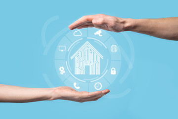 Hand hold house icon.Smart home controlled, intelligent house, and home automation app concept.Pcb...
