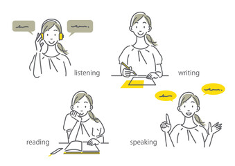 英語を学ぶ女性のイラストセット　語学学習方法　シンプルでお洒落な線画イラスト