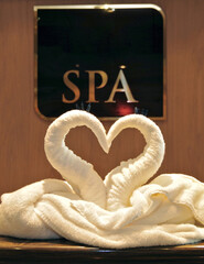Swan towel animals decoration at reception front desk of Spa wellness thermal suite area onboard...