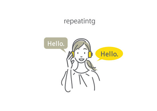 リピーティング　英語を学ぶ女性のイラスト　語学学習方法　シンプルでお洒落な線画イラスト