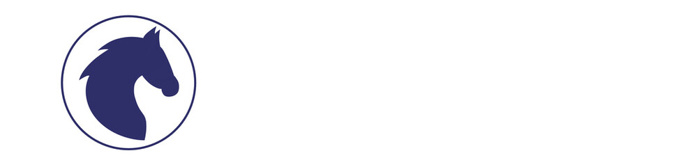 banner with the image of a blue horse in a circle on a white background. template for insertion into the site © Maksym Om