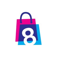 number eight 8 shop store shopping bag overlapping color logo vector icon illustration