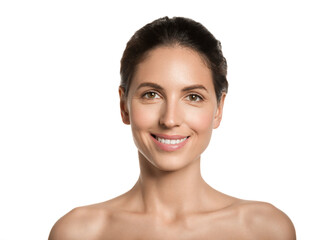 Beautiful woman teeth smile healthy clean skin natural make up brunette female model