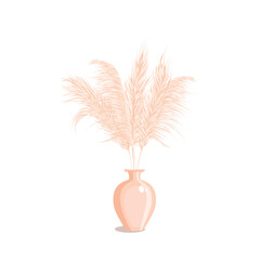 Pampas grass in vase isolated on white background . Dried floral ornament elements in boho style. Home decor. Vector illustration