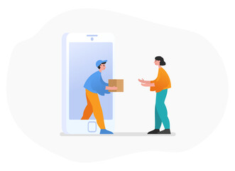 Online shopping, fast delivery, buy product from mobile phone. Delivery man sticking from big phone. Modern vector illustration