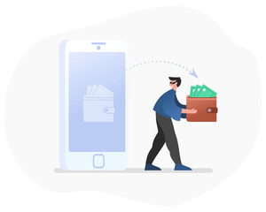 Thief, online hacker steal money from mobile phone. Modern vector illustration