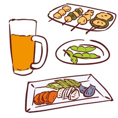 手描きのおつまみイラストセット・焼き鳥と枝豆と漬物とビール