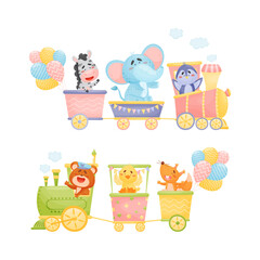 Funny Animals Riding Locomotive or Steam Train Enjoying Journey Vector Set
