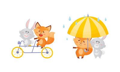 Humanized Fox and Hare Engaged in Different Activities Riding Bicycle and Walking Under Umbrella Vector Set