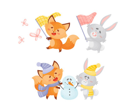 Humanized Fox and Hare Engaged in Different Activity Building Snowman and Catching Butterfly Vector Set