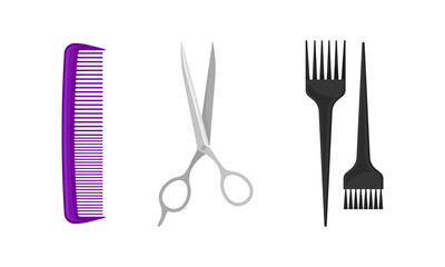 Hairstyling Tool with Comb and Scissors for Doing Hair Vector Set