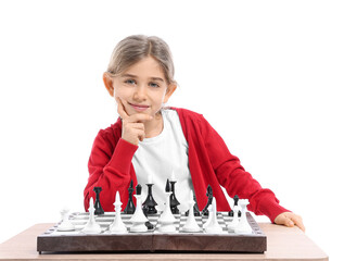 Cute little girl playing chess on white background