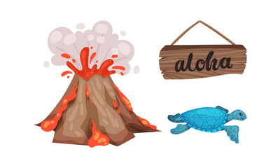 Hawaiian Beach Attributes and Tropical Symbols with Volcano Eruption and Blue Turtle Vector Set