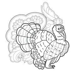 Contour linear illustration with bird for coloring book. Cute turkey, anti stress picture. Line art design for adult or kids  in zentangle style and coloring page.