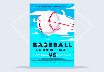 Vector illustration of a poster template and a flyer for a baseball game, a baseball flying quickly in the air against the sky