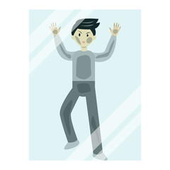 man stucking behind the mirror cartoon vector. Man's face attaching with clear glass.