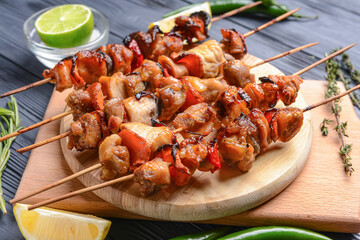 Board with tasty chicken kebab on dark wooden background