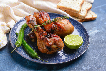 Plate with roasted chicken legs on color background