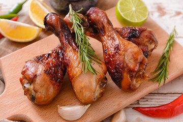 Board with roasted chicken legs on light wooden background