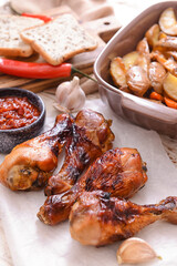 Baking dish with roasted chicken legs and baked potato on light wooden background